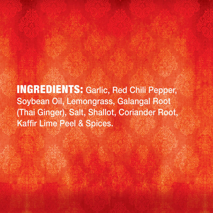 The image shows the ingredient list for a product, including garlic, red chili pepper, soybean oil, lemongrass, galangal root, salt, shallot, coriander root, kaffir lime peel, and spices.