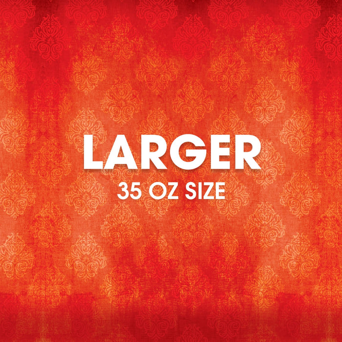 The image promotes a larger, 35 oz size of a product against a red patterned background.