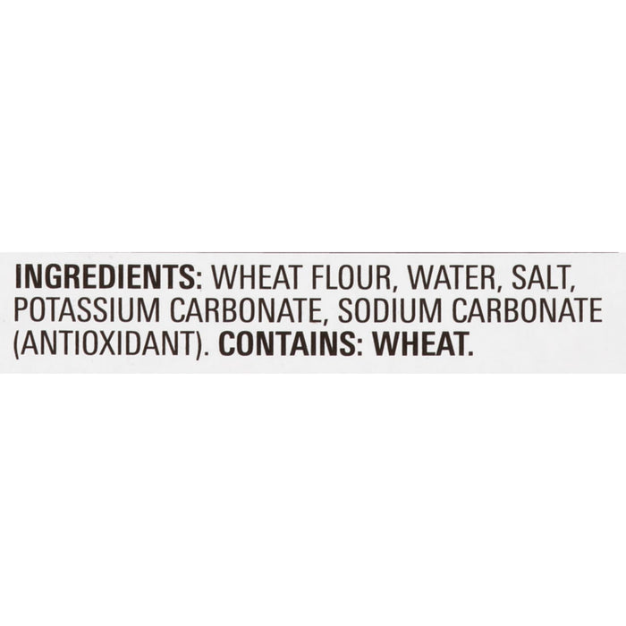 The ingredients for this product are wheat flour water salt potassium carbonate and sodium carbonate.