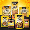 A collection of Simply Asia products including ramen, lo mein, hibachi, teriyaki, chili crunch, five spice citrus stir-fry sauce and bang bang sichuan style seasoning.