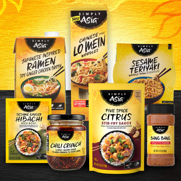 A collection of Simply Asia products including ramen, lo mein, hibachi, teriyaki, chili crunch, five spice citrus stir-fry sauce and bang bang sichuan style seasoning.