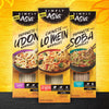 Three boxes of Simply Asia noodles, Udon, Lo Mein and Soba.