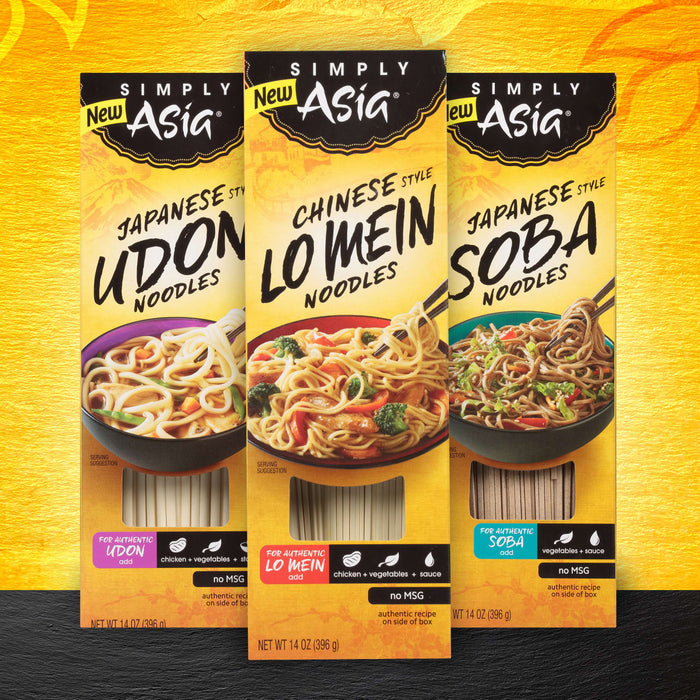 Three boxes of Simply Asia noodles, Udon, Lo Mein and Soba.