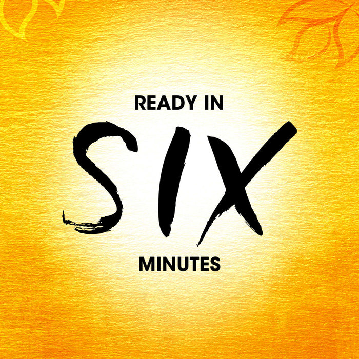 A black and white illustration of the word 'six' with the words 'ready in' above and 'minutes' below.