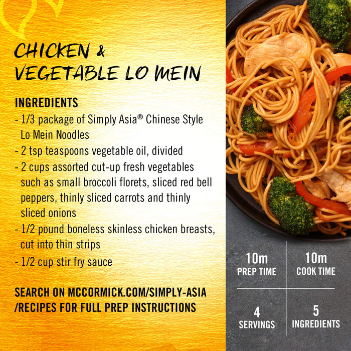 A recipe for Simply Asia Chicken &amp; Vegetable Lo Mein with a picture of the finished dish.