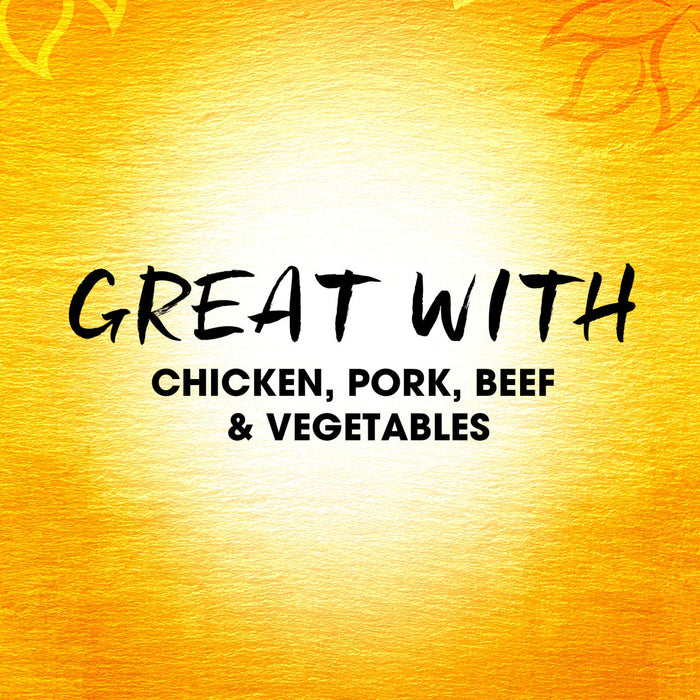 A yellow background with the text Great with chicken, pork, beef &amp; vegetables.