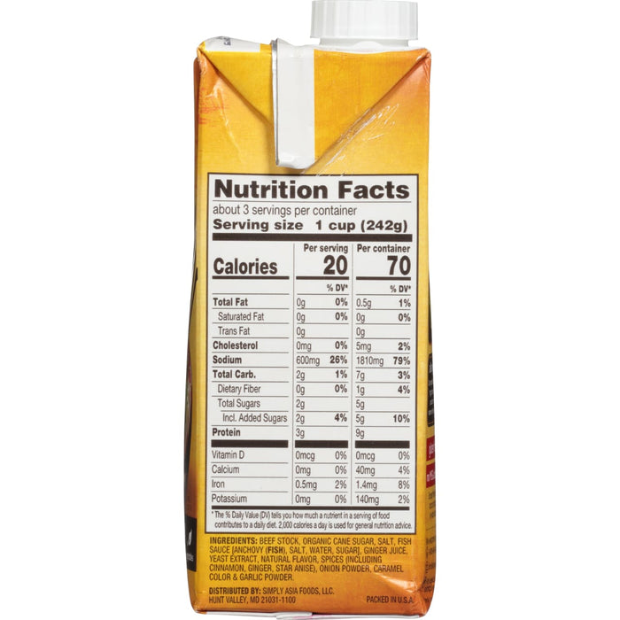 Nutrition facts label for Simply Asia Foods' Beef Stock with a list of ingredients.
