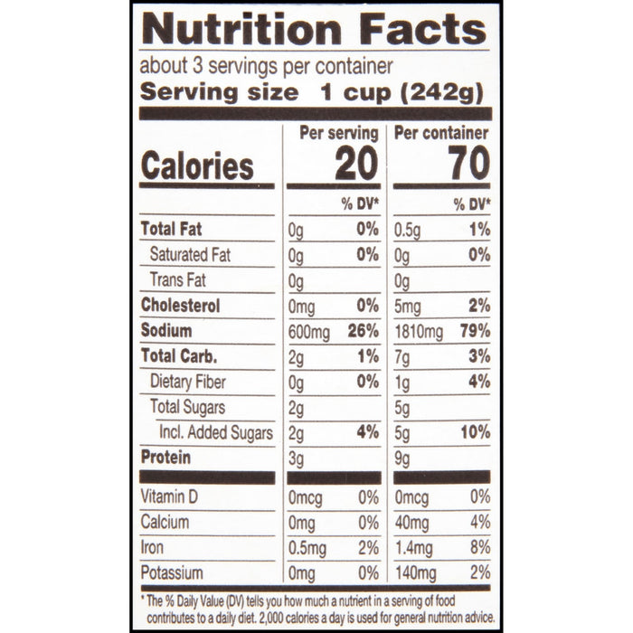 Nutrition facts label for a food product, showing calories, fat, carbohydrates, protein, and other nutrients per serving.