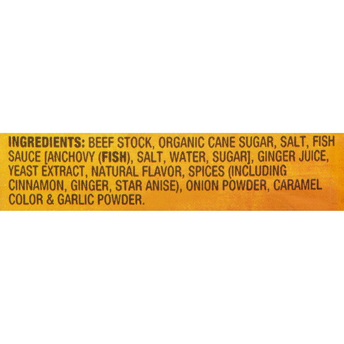 A list of ingredients for a product, including beef stock, organic cane sugar, salt, fish sauce, and spices.