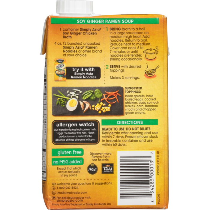 A Simply Asia Soy Ginger Chicken Broth Ramen Soup package with a list of ingredients and directions.