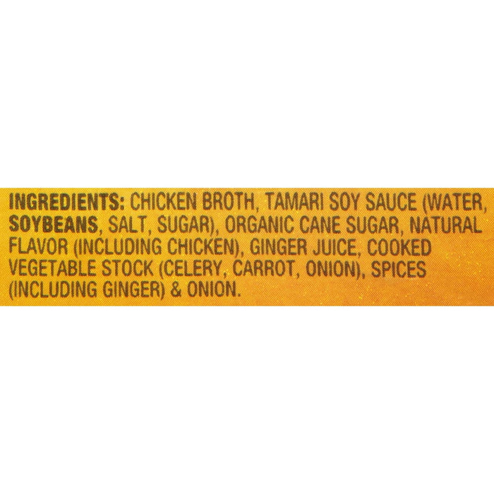 A list of ingredients for a product, including chicken broth, tamari soy sauce, and spices.