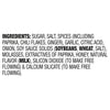 A list of ingredients for a product, including sugar, salt, spices, and soy sauce solids.
