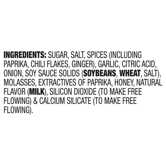 A list of ingredients for a product, including sugar, salt, spices, and soy sauce solids.