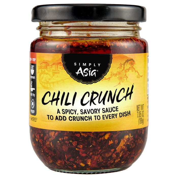 A glass jar of Simply Asia Chili Crunch, a spicy, savory sauce to add crunch to every dish.