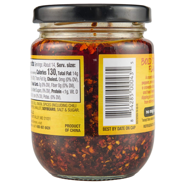 A glass jar of Bold Szechuan Flavored Chili Oil with a yellow label and a barcode.