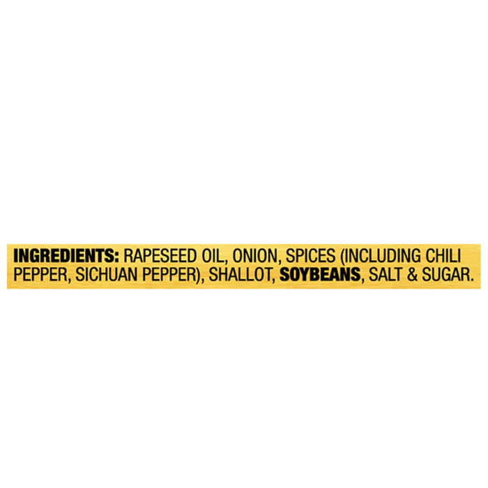 A list of ingredients for a product, including rapeseed oil, onion, spices, and soy beans.