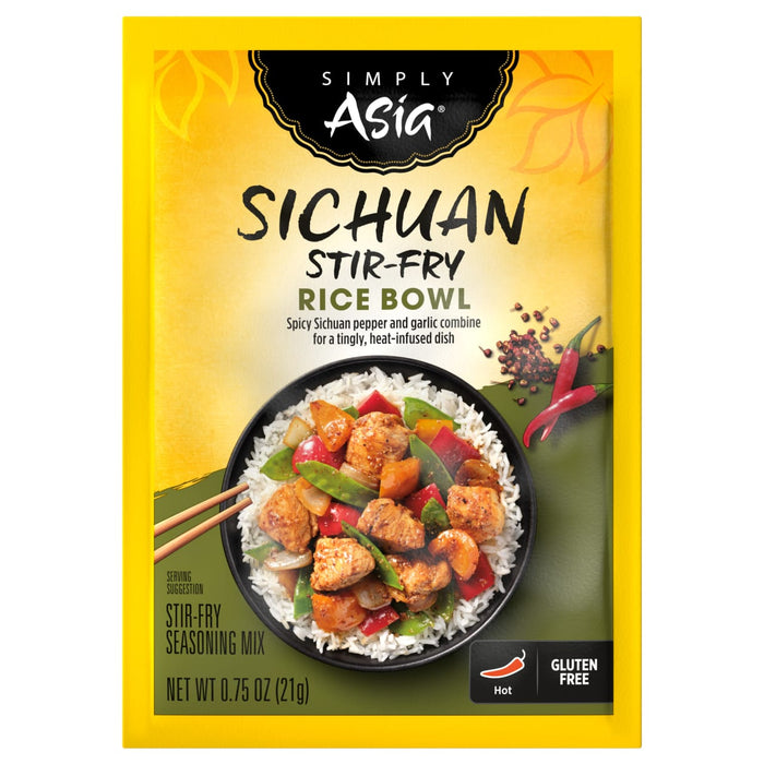 A package of Simply Asia Sichuan Stir-Fry Rice Bowl seasoning mix.