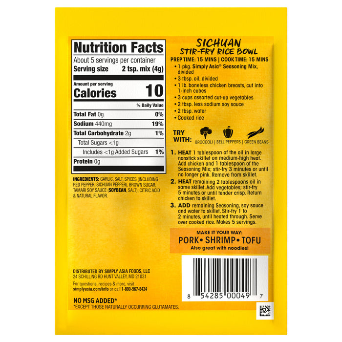 A Simply Asia Sichuan Stir-Fry Rice Bowl seasoning packet with nutrition facts and instructions.