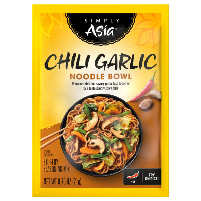 A package of Simply Asia Chili Garlic Noodle Bowl stir-fry seasoning mix.