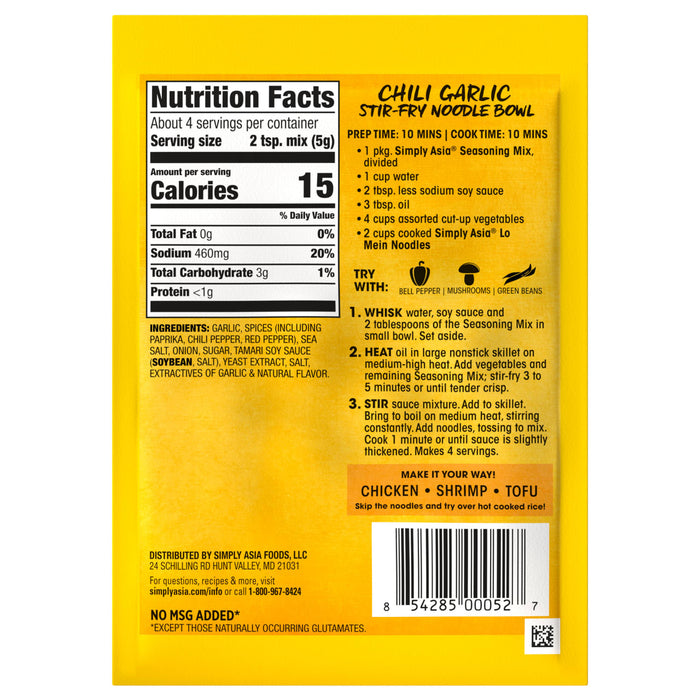 A Simply Asia Chili Garlic Stir-Fry Noodle Bowl seasoning packet with nutritional information and instructions.