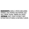 A list of ingredients for a product, including garlic, spices, and soy sauce.