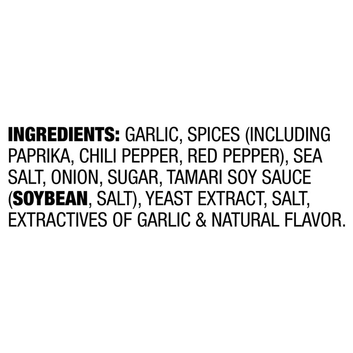 A list of ingredients for a product, including garlic, spices, and soy sauce.