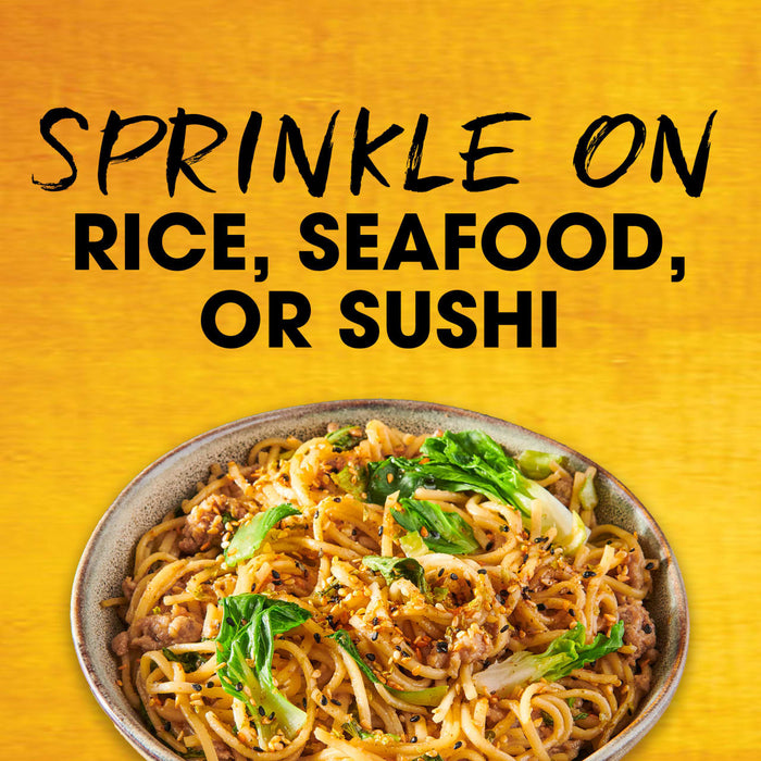 The image promotes sprinkling a seasoning on rice, seafood, or sushi, showcasing a bowl of noodles with vegetables.