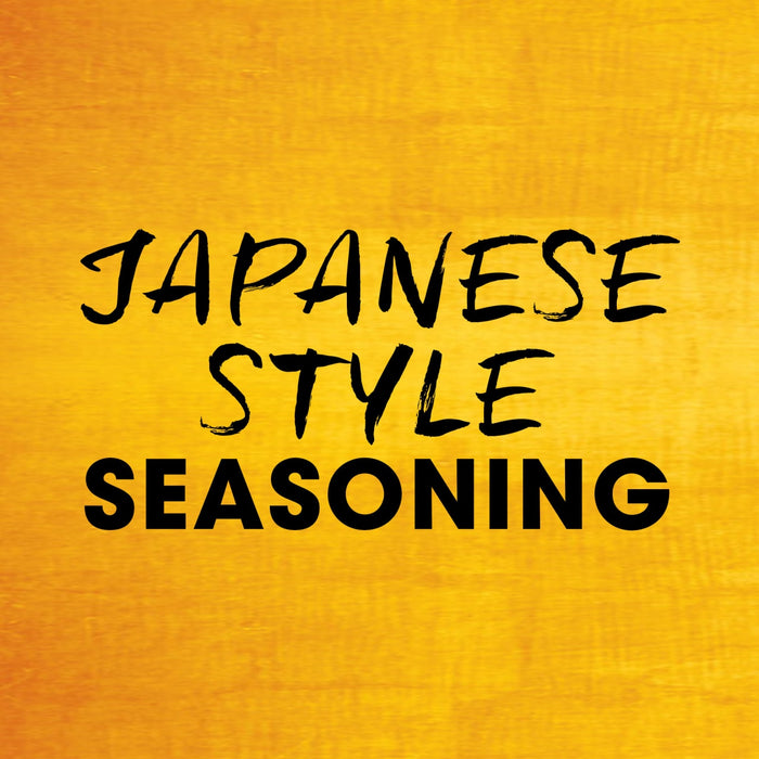 The image displays the text Japanese Style Seasoning in black font against a textured yellow background.
