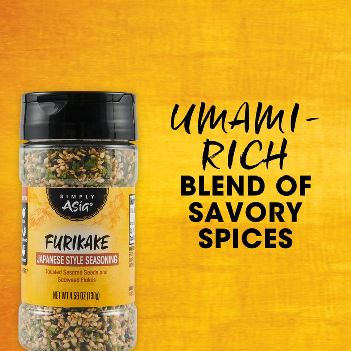 A bottle of Trader Joe's Furikake Japanese Style Seasoning Blend is displayed next to the text Umami-Rich Blend of Savory Spices.