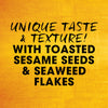 Text on a yellow background highlights the product's unique taste and texture, featuring toasted sesame seeds and seaweed flakes.