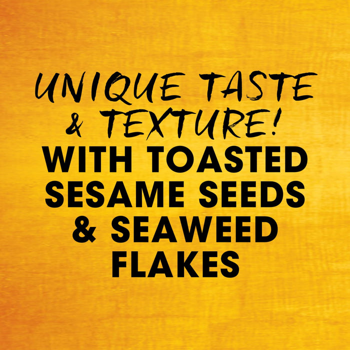 Text on a yellow background highlights the product's unique taste and texture, featuring toasted sesame seeds and seaweed flakes.