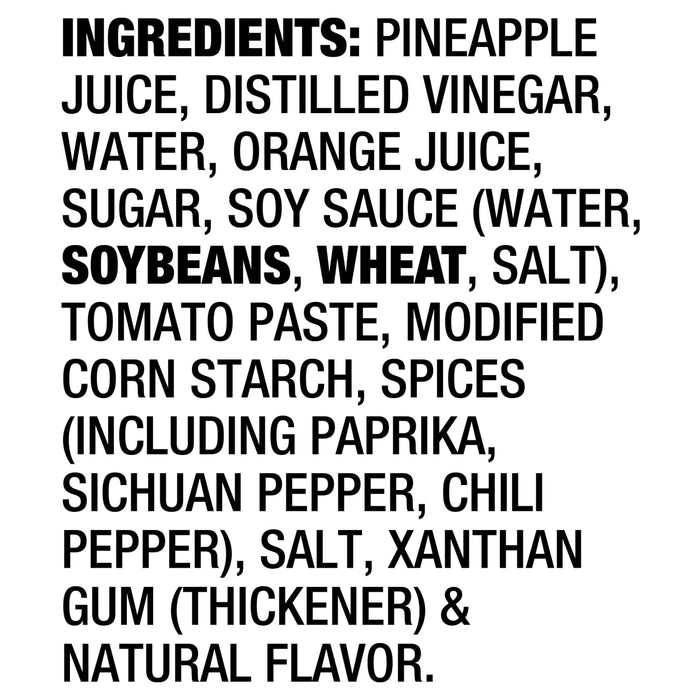 A list of ingredients for a product, including pineapple juice, distilled vinegar, water, orange juice, sugar, soy sauce, tomato paste, corn starch, spices, salt, and natural flavor.
