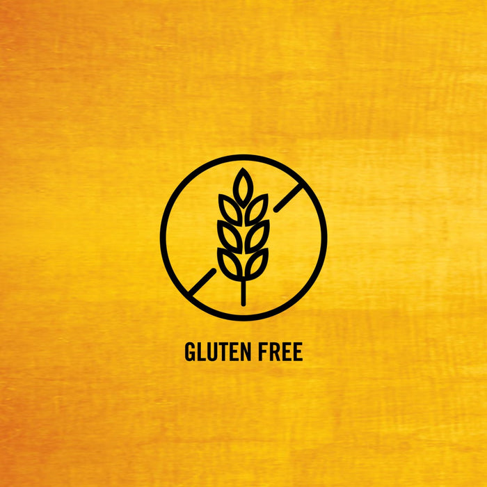 A gluten-free symbol featuring a wheat stalk crossed out, indicating the product is gluten-free.