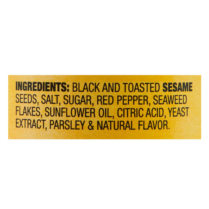 A list of ingredients for a product containing black and toasted sesame seeds, salt, sugar, red pepper, seaweed flakes, sunflower oil, citric acid, yeast extract, parsley and natural flavor.