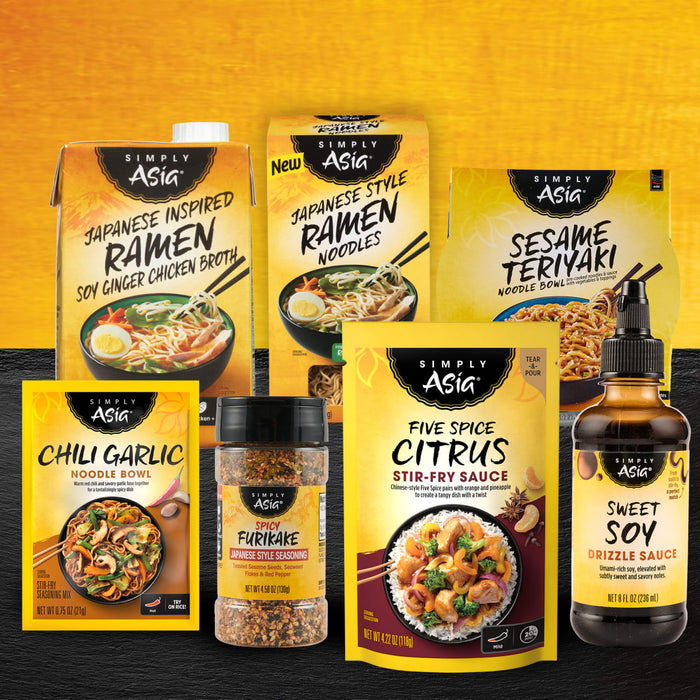 A variety of products from the Simply Asia brand are displayed, including ramen, stir-fry sauce, and seasoning.