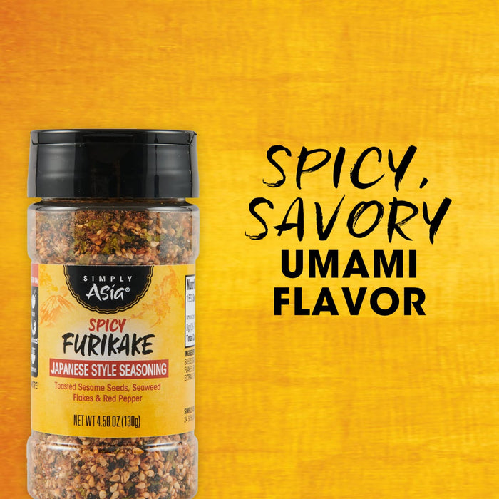 A bottle of Private Selection Spicy Furikake seasoning is displayed with the text Spicy, Savory, Umami Flavor.