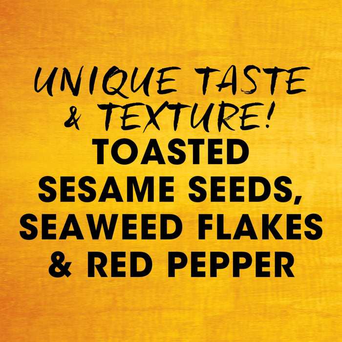 The image highlights the unique taste and texture of a product, featuring toasted sesame seeds, seaweed flakes, and red pepper.
