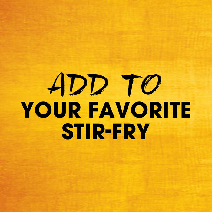 The text on a yellow background encourages adding the product to your favorite stir-fry.