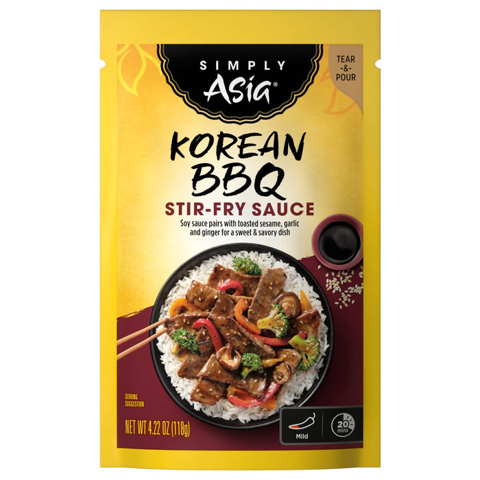 A package of Simply Asia Korean BBQ Stir-Fry Sauce with a serving suggestion of beef, vegetables, and rice.