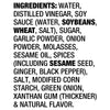 A list of ingredients for a product, including water, vinegar, soy sauce, wheat, sugar, garlic powder, onion powder, molasses, sesame oil, spices, ginger, black pepper, salt, corn starch, green onion, xanthan gum, and natural flavor.