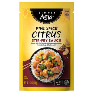 A package of Simply Asia Five Spice Citrus Stir-Fry Sauce with a serving suggestion of chicken, broccoli, and peppers over rice.