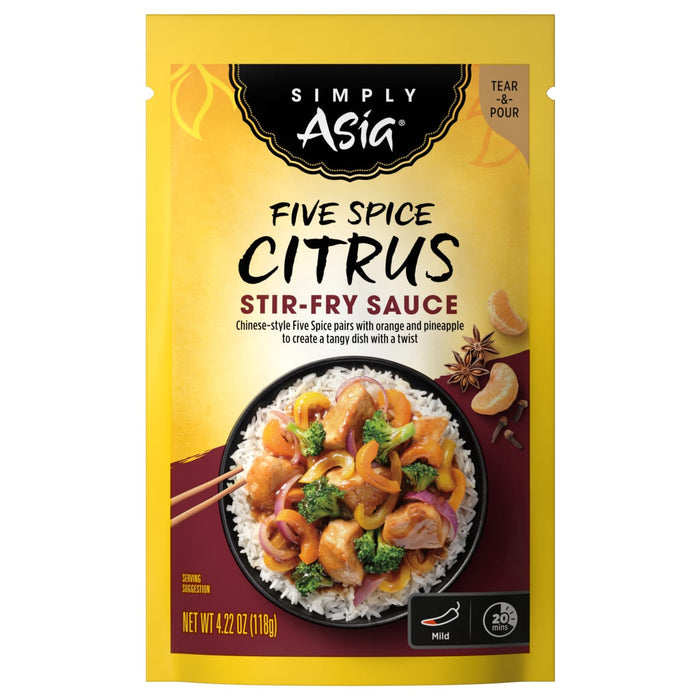 A package of Simply Asia Five Spice Citrus Stir-Fry Sauce with a serving suggestion of chicken, broccoli, and peppers over rice.