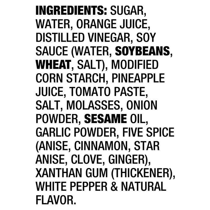 A list of ingredients for a product, including sugar, water, orange juice, and spices.