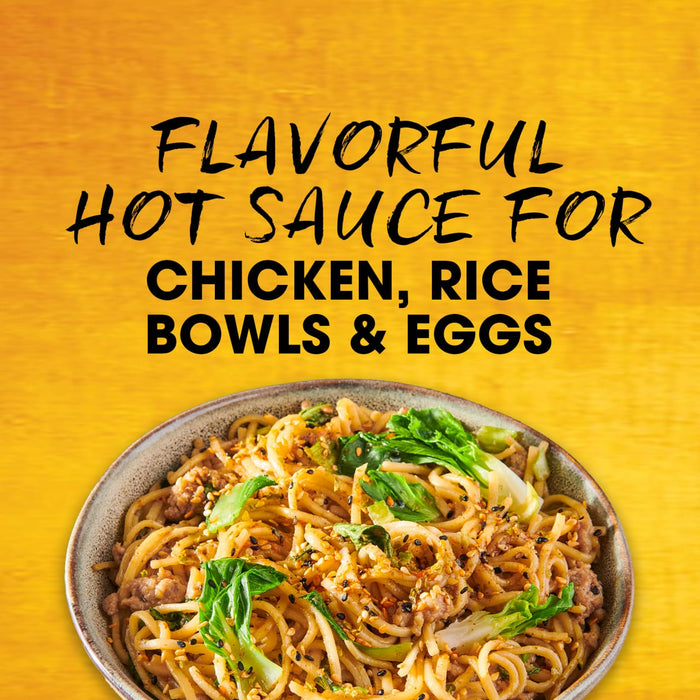 Flavorful hot sauce is advertised for chicken, rice bowls, and eggs, displayed above a bowl of noodles with greens.