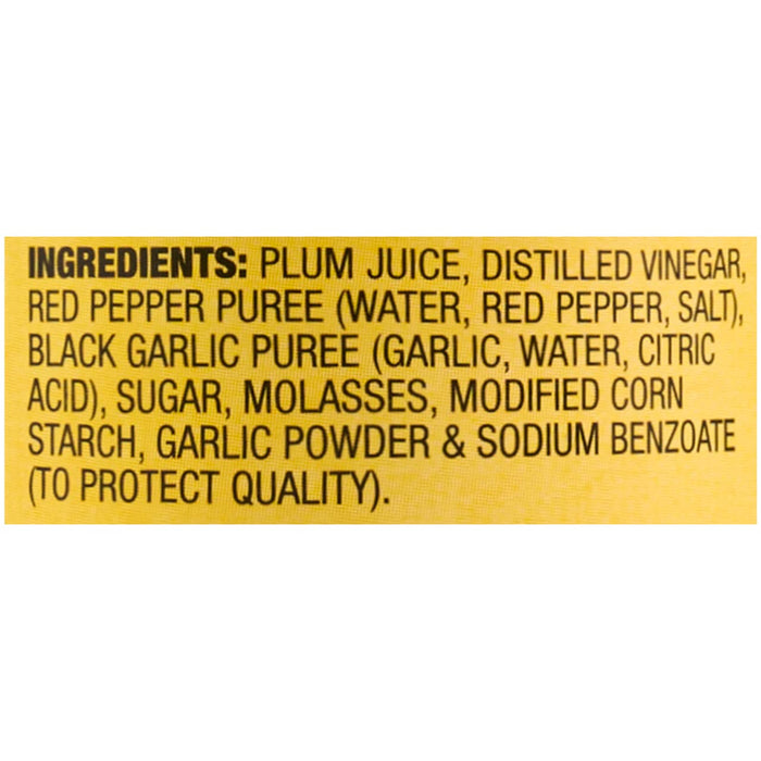Ingredients for a product containing plum juice, red pepper puree, black garlic puree, sugar, molasses, modified corn starch, garlic powder and sodium benzoate.