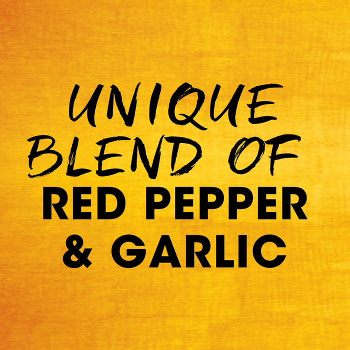The image displays the text Unique blend of red pepper and garlic on a yellow background.