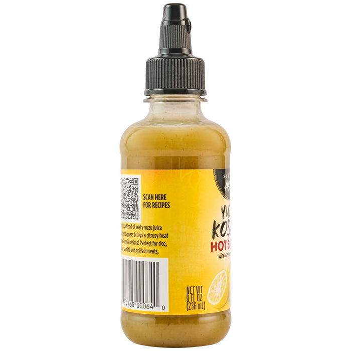 A bottle of Yuzu Kosho Hot Sauce, a spicy green pepper sauce.