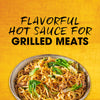 A bowl of noodles with meat and vegetables is shown with the text Flavorful Hot Sauce for Grilled Meats.