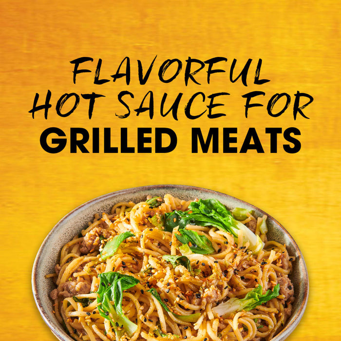 A bowl of noodles with meat and vegetables is shown with the text Flavorful Hot Sauce for Grilled Meats.
