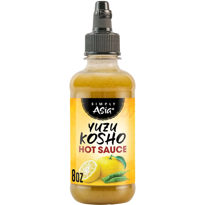 A bottle of Simple &amp; Mae Yuzu Kosho Hot Sauce is displayed, showcasing its citrusy and spicy flavor profile.